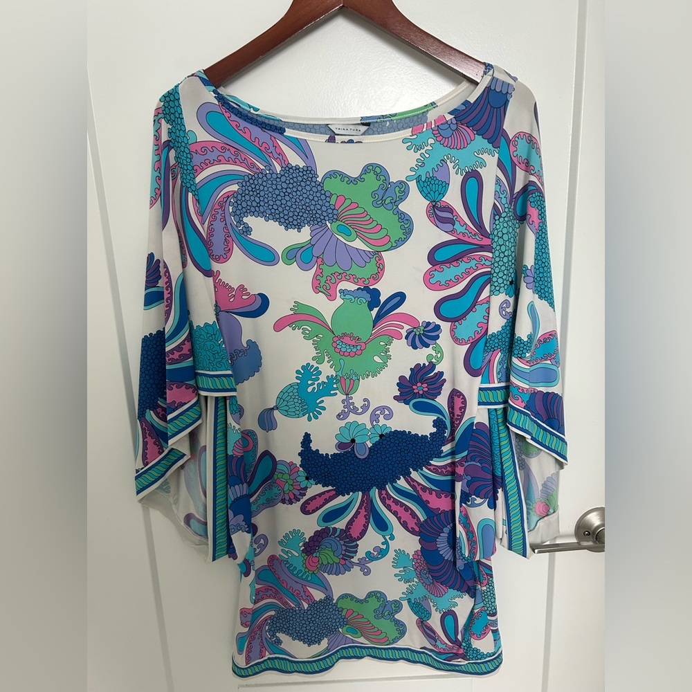 Trina Turk Flowy Shirt, Size XS, Colorful Floral Pattern